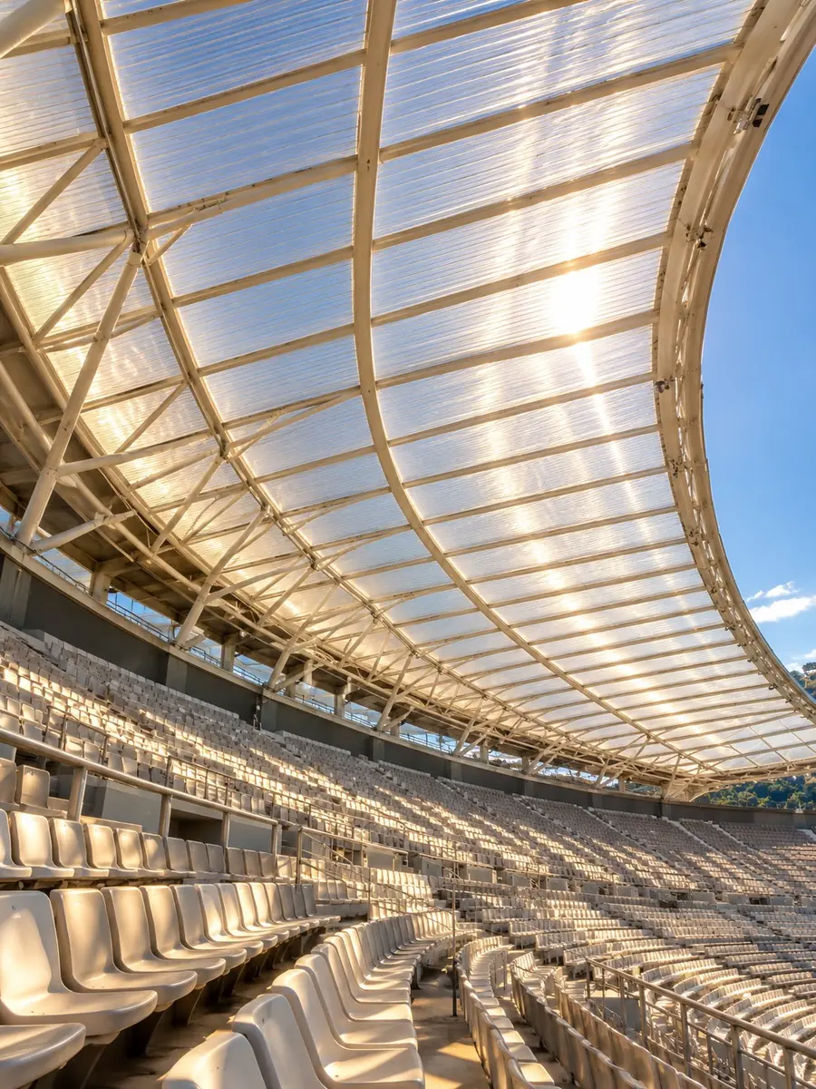 Sonnenlicht durch die gerippten durchscheinenden Paneele eines gewölbten Stadiondachs über den Sitzreihen